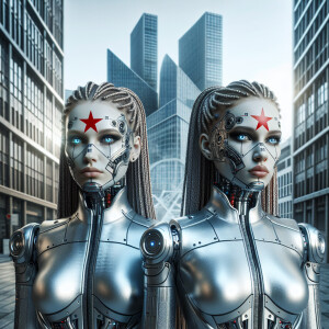 "Две женщины-киборга в современном городе, они одеты в металличе...