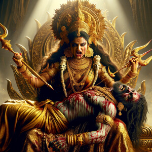 portrait of angry looking goddess durga sitting on a gold crown and carrying a weak mahishasur on her lap and she is stabbing his belly with her amazingly designed trident. She is wearing gold armor, a huge gold crown, gold saree, abundant  gold jewelry, covered in blood. The scene is set in ancient India. The image is 8K resolution, photography, cinematic, ultra detailed face and epic