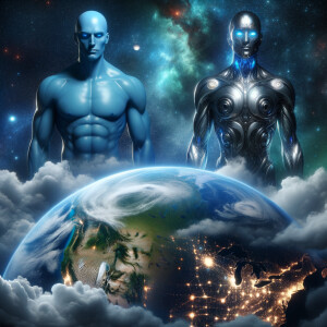 Dr Manhattan silver surfer flying over the planet earth