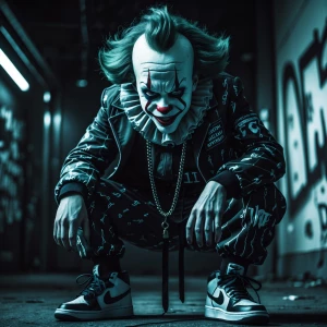 "Create an image of a sinister clown in a trap-style outfit, com...