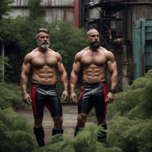 two muscle bodybuilders white men with gray beards shirtless hai...