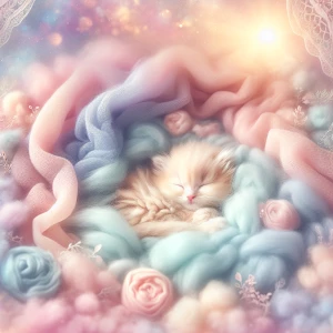 A fluffy kitten curled up on a bed of pastel-colored blankets, surrounded by soft, glowing light.