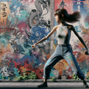 Athletic Thin skinny Attractive, Asian teenage girl, long brown hair and bangs, wearing tight skinny jeans and a halter top paint marks on her clothing, heroic pose Asian graffiti background, backside view