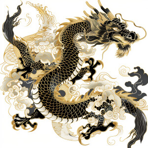 Outlined image of gold eyed Chinese dragon with the main color o...
