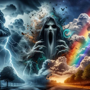 Double exposure horror thunderstorm rainbow entity