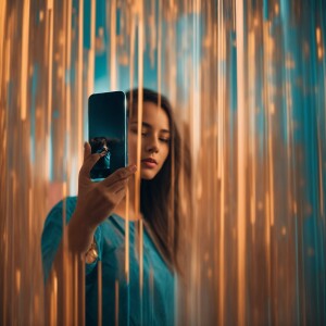 Create an image of a girl holding up a phone she is looking thro...