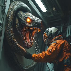 an alien upper half snake,lower half alien with tail pinned on s...