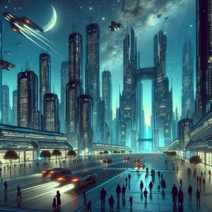 Imagine a futuristic planet with tall buildings, starry night sk...