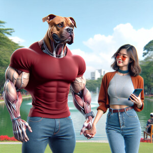 Augmented reality A Man- pitbull dog with huge muscles with vein...