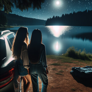 Two girls stand by the car at night and look at the lake