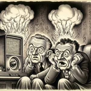 Donald Trump and Joe Biden listening to a radio blasting out sma...