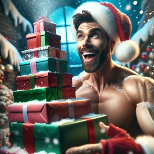 A man with neatly slicked-back brown hair dons a festive Santa h...