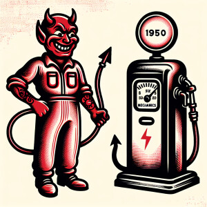 A 1950s design red devil in a mechanics jumpsuit, standing next...