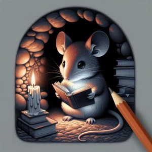 A small mouse, light brown and gray in color, is depicted in a stylized illustration. The mouse is seated in a dark cave-like opening, positioned slightly to the left of center within the frame.  It is holding an open, reddish-orange book, with the mouse's attention directed towards the book.  The mouse's expression is contemplative and focused, with large, dark eyes.  The mouse's body is proportionate and rounded, with visible paws and subtle fur details.  A small, lit candle is visible to the mouse's left, along with stacks of books. The background is dark and shadowed, contrasting with the light from the candle and the mouse's position.  The style is illustrative and painterly, reminiscent of a detailed colored pencil or pastel drawing.  The lighting is soft, highlighting the mouse and the book, creating a warm atmosphere.  The composition is well-balanced, focusing the viewer's attention on the mouse engrossed in reading. The perspective is slightly above the mouse, drawing attention to the scene as if peering into a small cave.  The overall style is quiet and engaging.