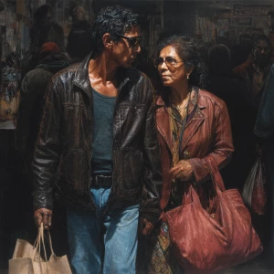 hyperrealism painting.a indian criminal sweaty man ,walking wit...