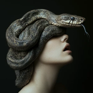 A woman with a snake wrapped around her head and the snake is go...
