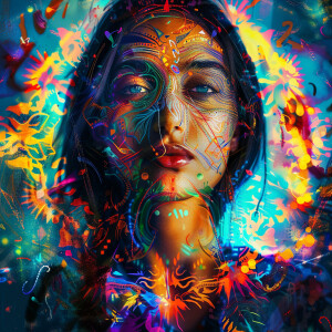 A straight-on digital art portrait of a woman, with her features...