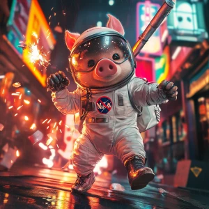 Cartoon cute pig in vintage white spacesuit and NASA style helme...