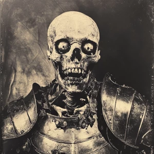 Old grainy photo of a horrific skeleton wearing armor,cursed eye...