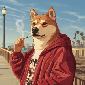 DOGE meme..hanging out on the boardwalk smoking a cigarette, str...