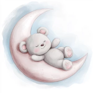 A cute, cartoon teddybear lies on a stylized, rosy-pink crescent moon. The teddy bear is light gray with large, round, pink-spotted ears.  Its body is round and he has expressive eyes.  its facial expression is happy and friendly. The teddy bears leg and foot are visible, and its posture is relaxed, lying down in the curve of the moon. it's stomach is lying down on the moon with left arm and leg showing hanging down. The moon is a soft, shaded blue, with watercolor-like texture and subtle shading. The background is white. The image is in a child-friendly style, showcasing delicate line work and color palettes. The composition is centered on the teddy bear which is positioned lying slumped face down on  the moon, giving the moon a hug with closed eyes. The overall style is sweet, whimsical, and reminiscent of children's book illustrations.  The colors are pastel and soothing, creating a gentle atmosphere.