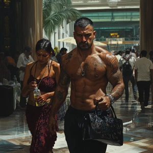 Realism,photo,A sweaty tattoed muscular man walking with his 46...