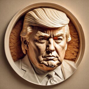 Head portrait of Donald Trump looking at the camera against a ne...