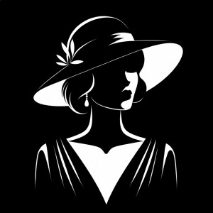 A glamorous 1920s lady, black and white silhouette style with red highlights, she is wearing a wide brim hat and sleek black dress. Show head and shoulders only. Black background