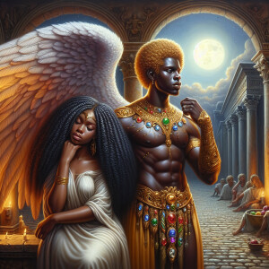 Create an oil painting image featuring a male angel and a grievi...