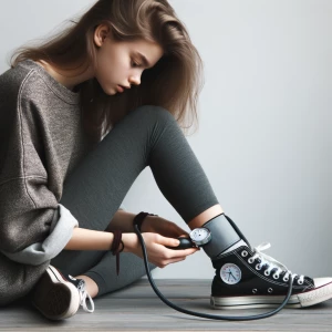 A 18 yo girl wearing leggings and low converse,try her blood pre...