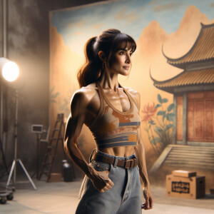 Athletic Thin skinny Attractive, Asian teenage girl, long brown hair and bangs, wearing tight skinny jeans and a halter top paint marks on her clothing, heroic pose Asian graffiti background, side view