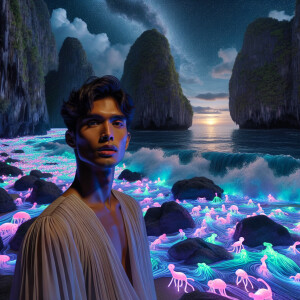 3D image of a beautiful night at the beach. There are glowing li...