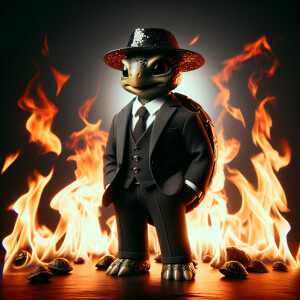 Turtle in business suit and hat stay in flame