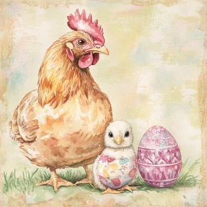 A hen and a chick, depicted in a detailed watercolor style. The...