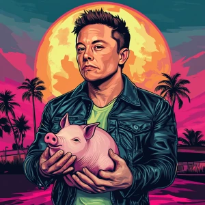 Elon Musk in GTA art style — Holding moon pig — in the style of...
