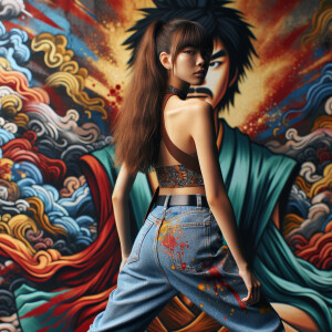 Attractive, Asian teenage girl, long brown hair and bangs, wearing tight skinny jeans and a halter top paint marks on her clothing, backside view heroic pose Asian graffiti