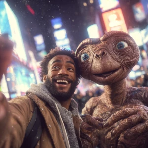 Create an image of a man taking a selfie with a life-sized, alie...