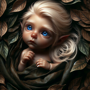 An elven baby with dark brown skin, blue eyes, and blonde hair.