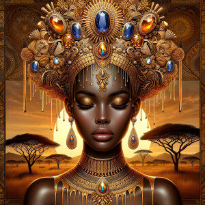 A digital illustration of a Latina woman's portrait with a luxur...