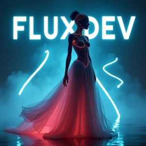 A futuristic and visually striking "Flux Dev" text on top of A futuristic figure with a seamless blend of human and AI aesthetics, wearing an elegant, high-tech gown that dynamically shifts color