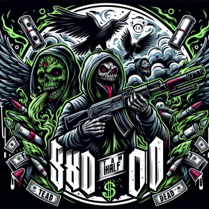 Create a professional, horror-themed circular brand logo featuri...