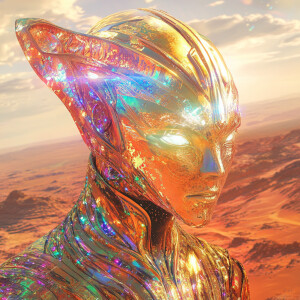 An ethereal Elysian Martian, glowing with otherworldly beauty am...
