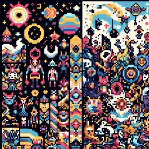 Create a 16-bit pixel art piece featuring colorful retro-style c...