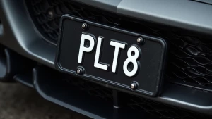 a black licensed plate that says PLT8 on it