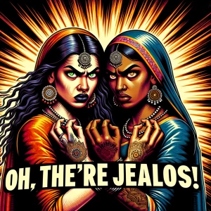 Create a YouTube thumbnail featuring two women with angry, menac...