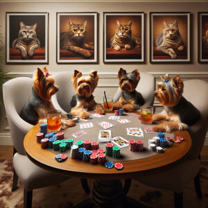 In a soft-lit room, four yorkies sat around a round poker table,...