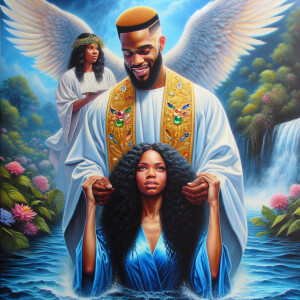 An oil painting depicting a light-skinned African-American pasto...