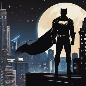 A caped hero standing atop a rooftop, their silhouette outlined against the city’s night sky.