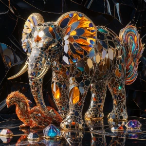 A breathtaking scene featuring an intricately carved elephant, c...