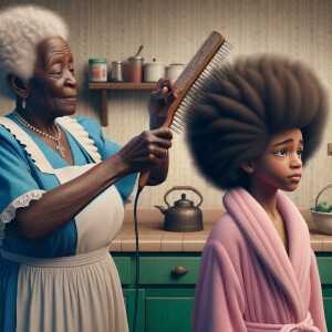 Create a realistic 3-D image of an african-American grandmother wearing a blue house dress and a white apron . She is in the kitchen with her african-American granddaughter. Her granddaughter is wearing a pink bath robe. The grandmother has a hot comb in her hand and she is straightening her granddaughters hair. One side of her granddaughters hair is in  a Afro the other straight 
There is smoke coming from the hot comb
The granddaughter is making a face